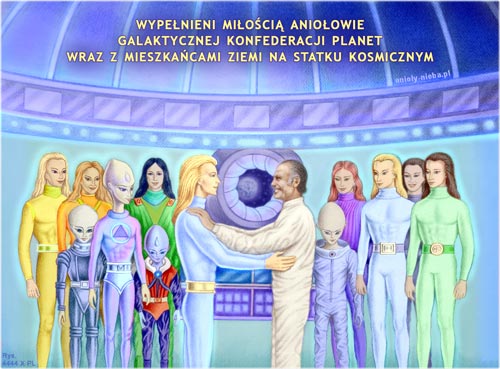Wypenieni mioci Anioowie Galaktycznej Konfederacji Planet wraz z mieszkacami Ziemi na statku kosmicznym